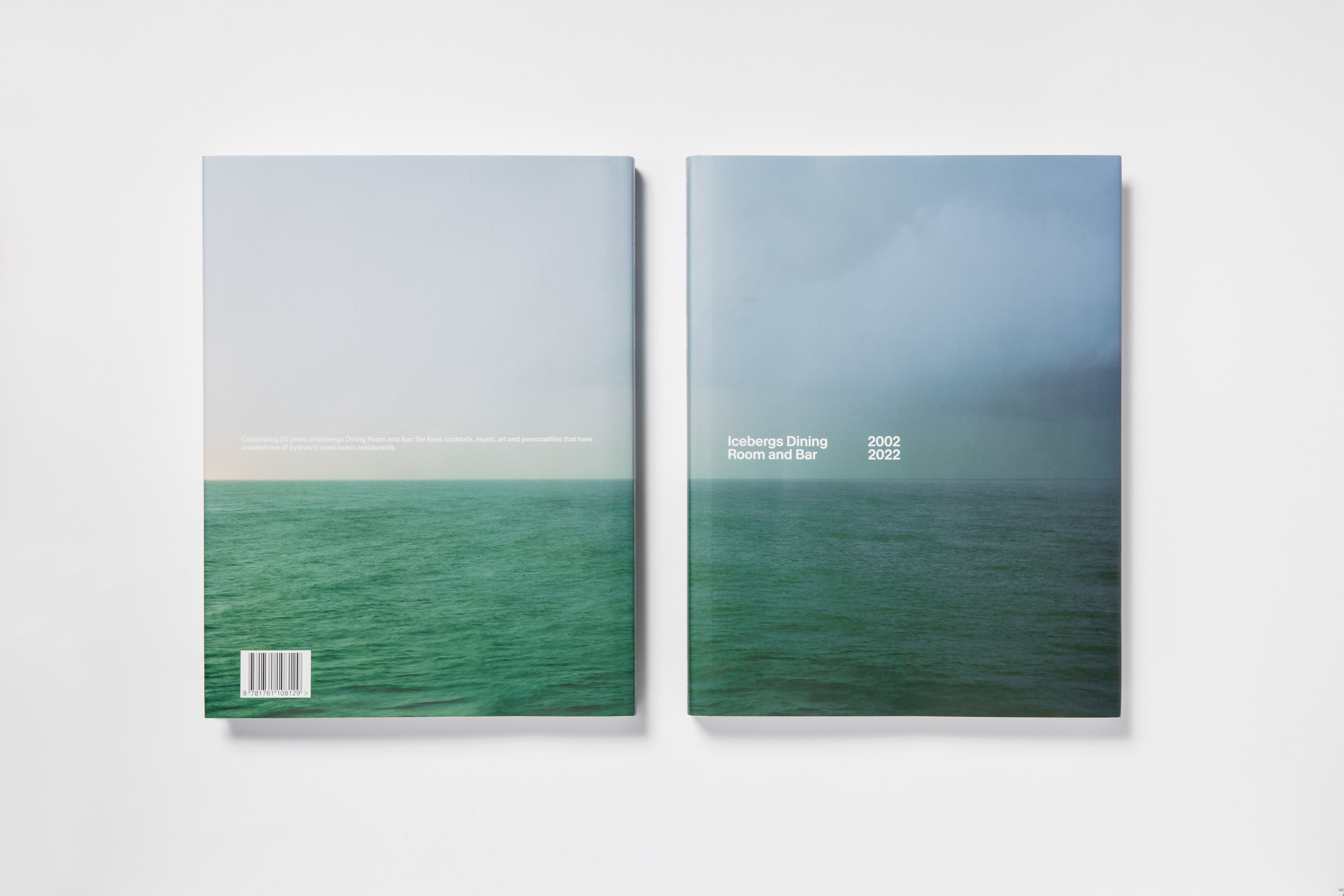Open Icebergs book showing an ocean photograph spread
