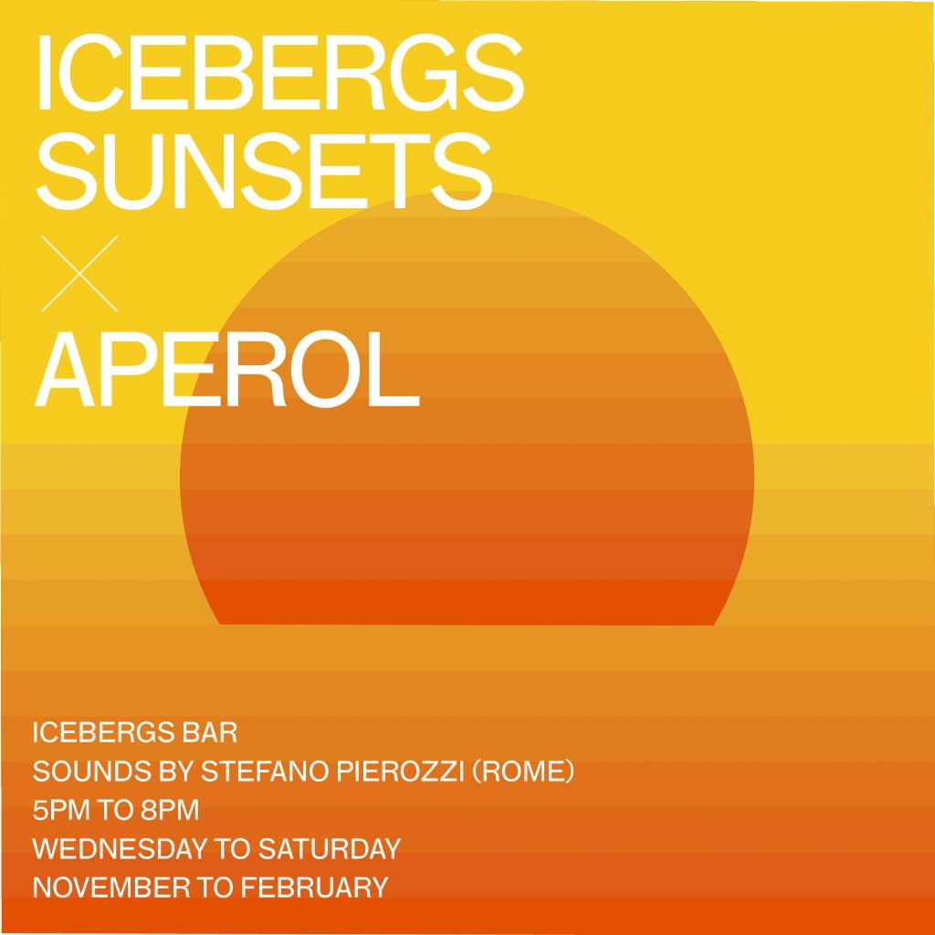 Icebergs Sunsets x Aperol event tile with a setting-sun graphic