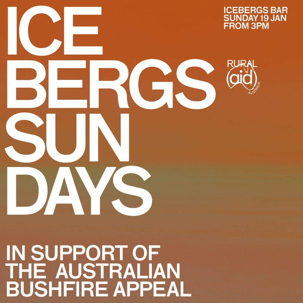Icebergs Sundays bushfire appeal event tile with Rural Aid, in orange