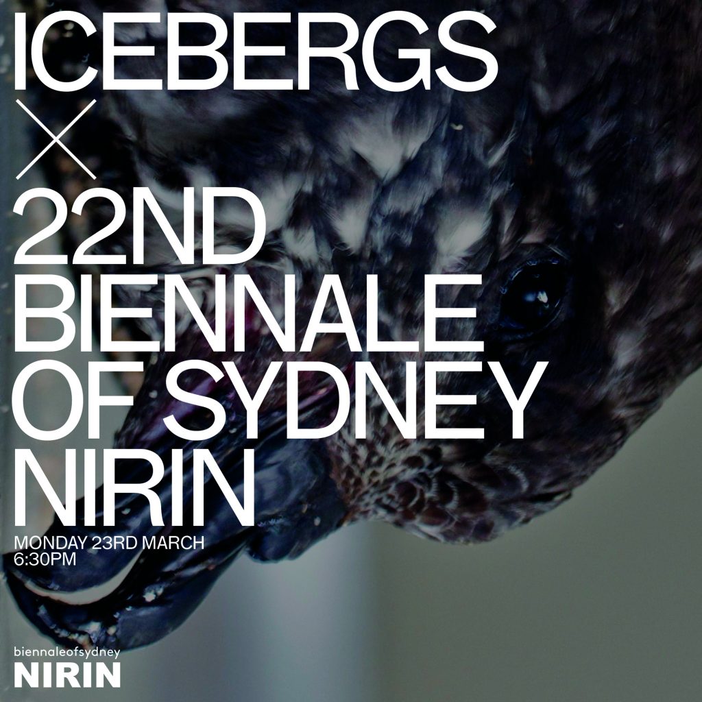 Icebergs x 22nd Biennale of Sydney (Nirin) event tile with a dark feather image