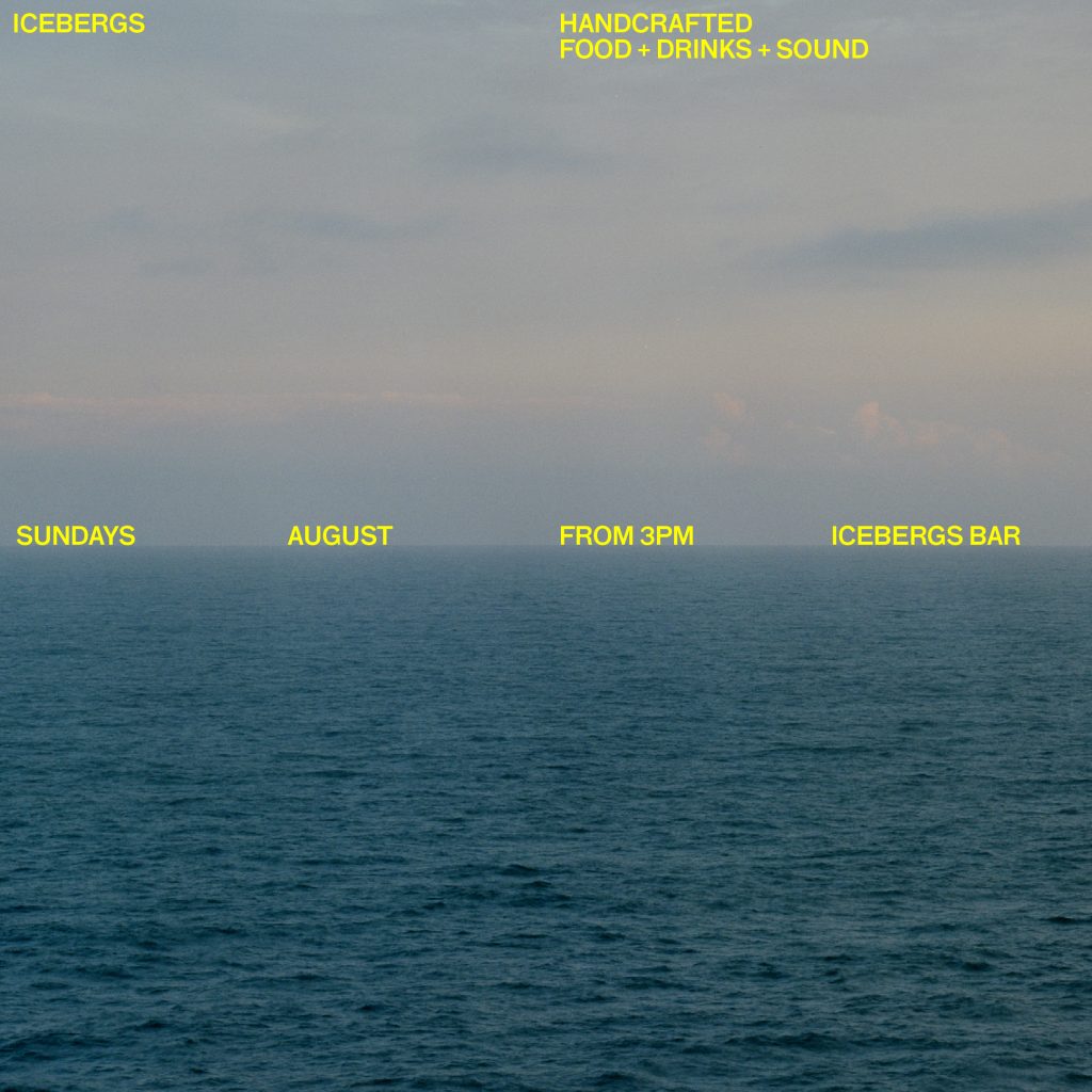 Icebergs Sundays August event tile over an ocean horizon
