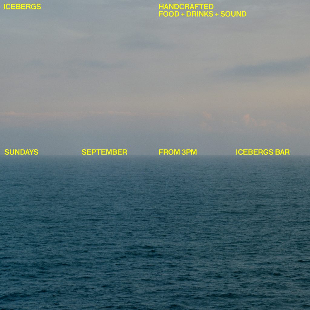 Icebergs Sundays September event tile over an ocean horizon
