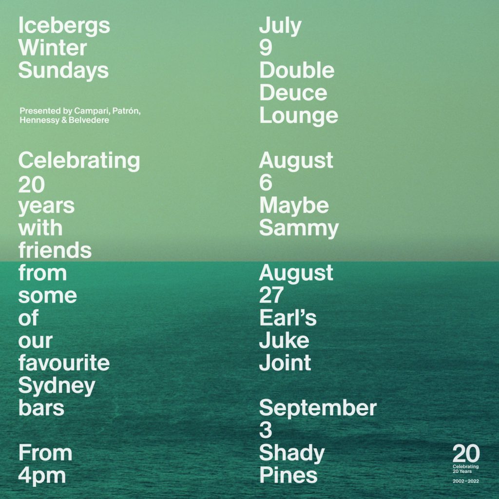 Icebergs Winter Sundays event tile listing guest Sydney bars, in green