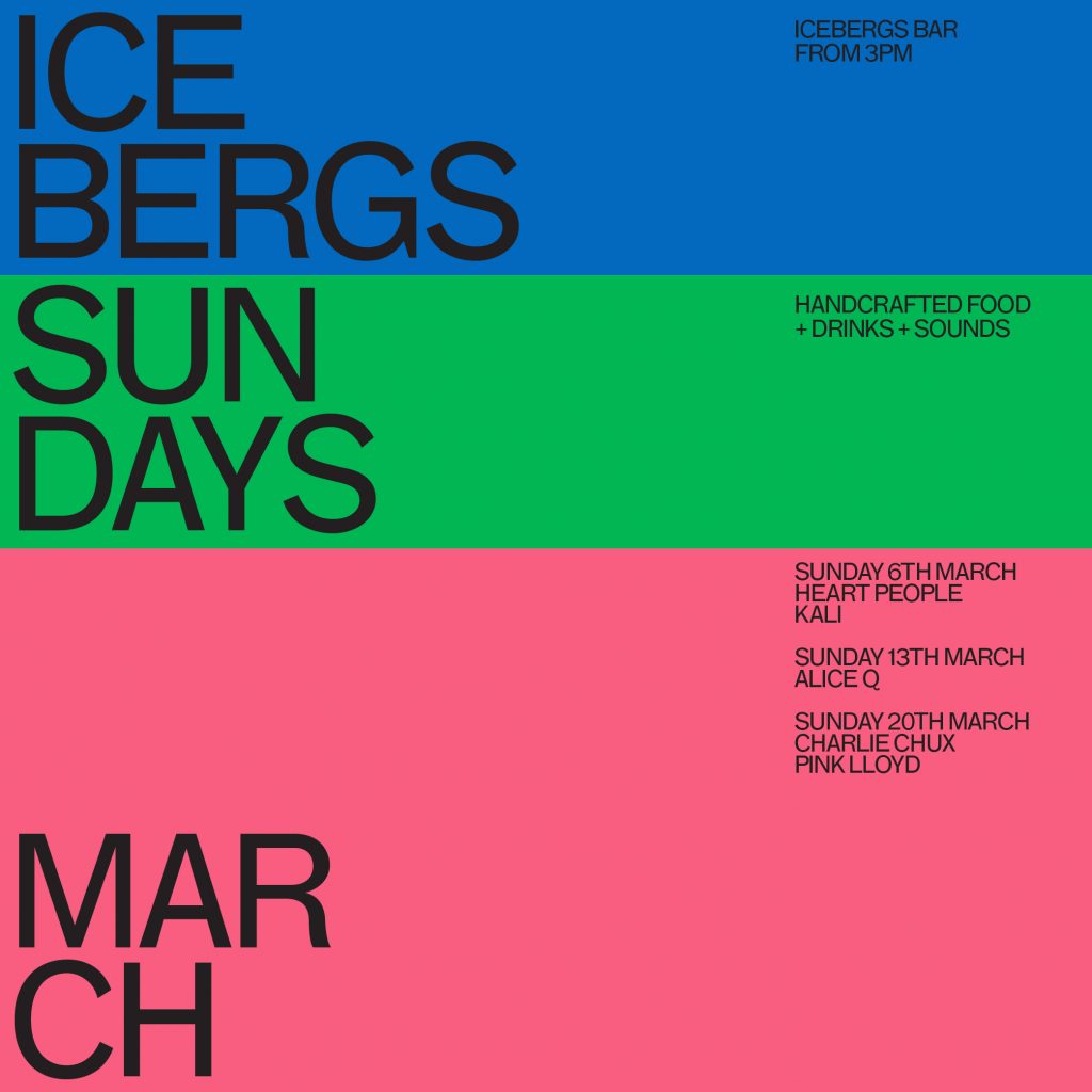 Icebergs Sundays March event tile in blue and green
