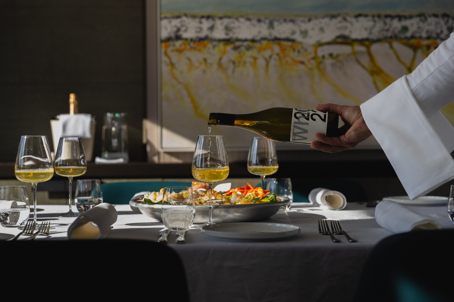Yacht table set with wine and canapes