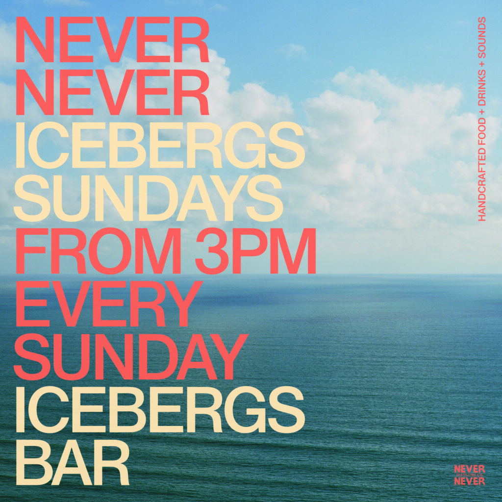 Never Never Icebergs Sundays event tile over an ocean view