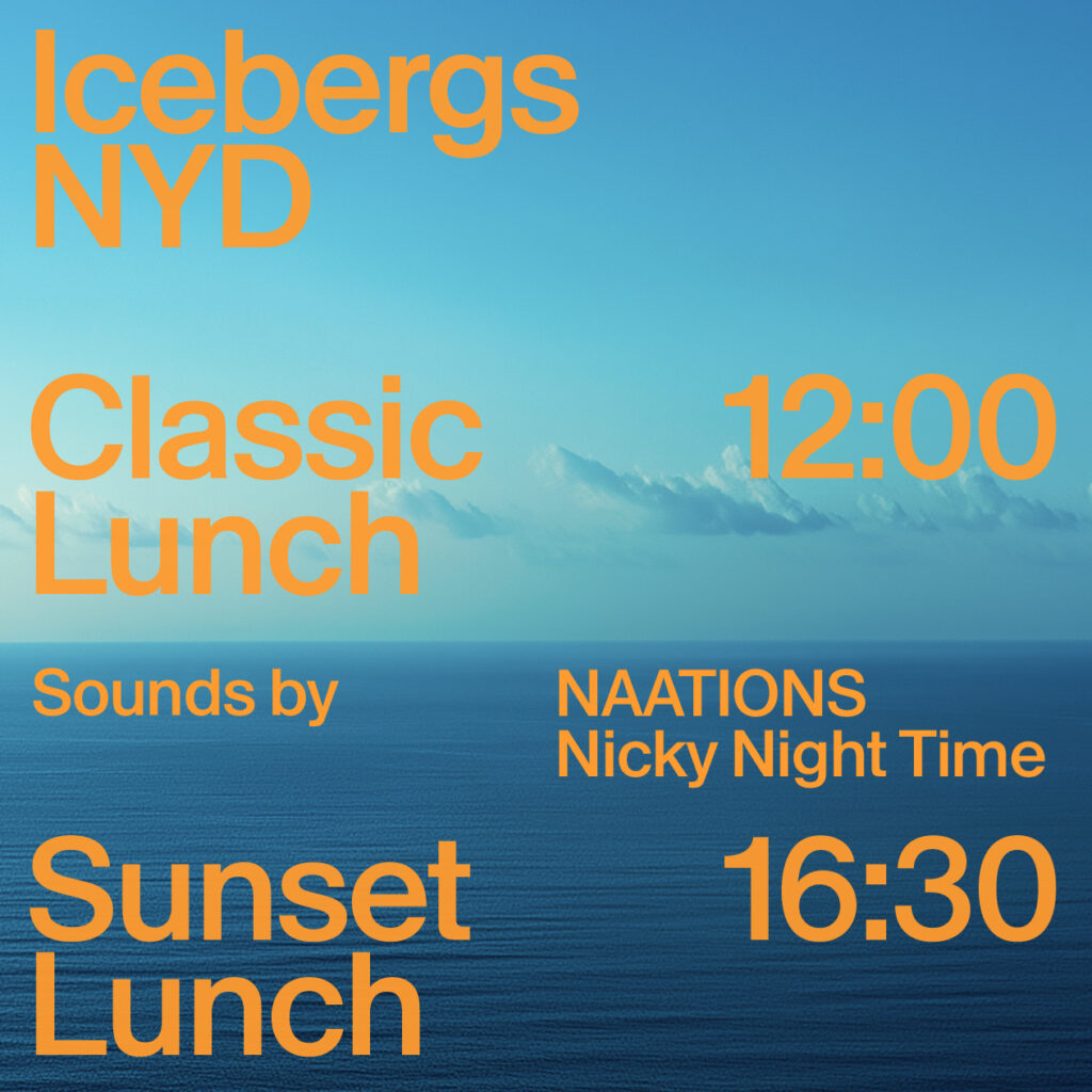 Icebergs New Year's Day lunch event tile with times and lineup