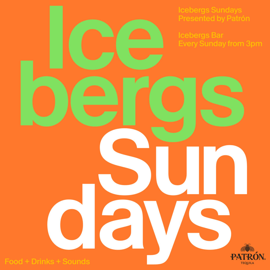 Icebergs Sundays event tile, in orange