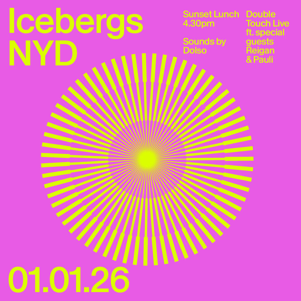 Icebergs New Year's Day event tile with a sunburst, in pink