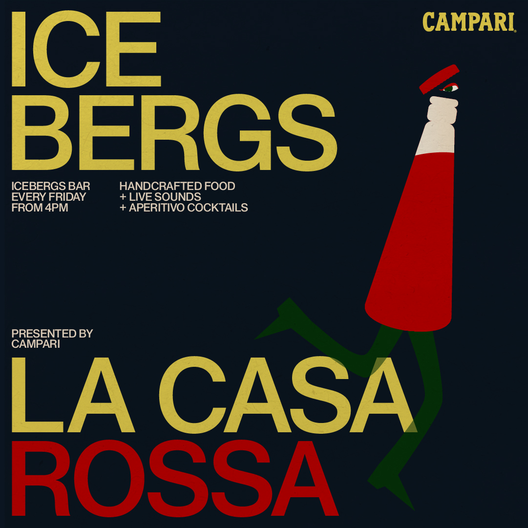 Icebergs La Casa Rossa event tile with a Campari bottle